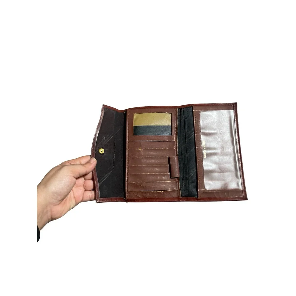 Vintage Rolfs Brown Leather Tri-Fold Clutch Wallet Kiss Lock Coin Purse Mahogany - Picture 6 of 10